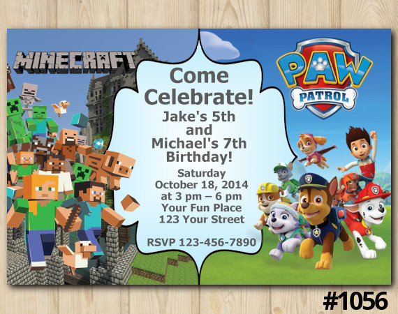 Twin Minecraft and Paw Patrol Invitation | Personalized Digital Card